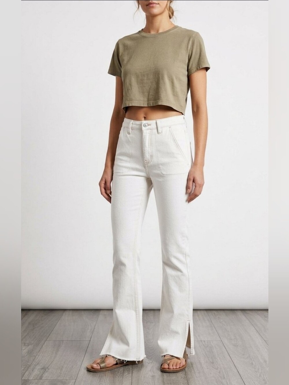 We The Free Cream Bootcut Flare Denim Size 5/27 Raw Hem Jeans Side Split